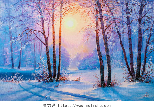 冬天森林中的雪景油画冬季森林中的柏树。油画景观.